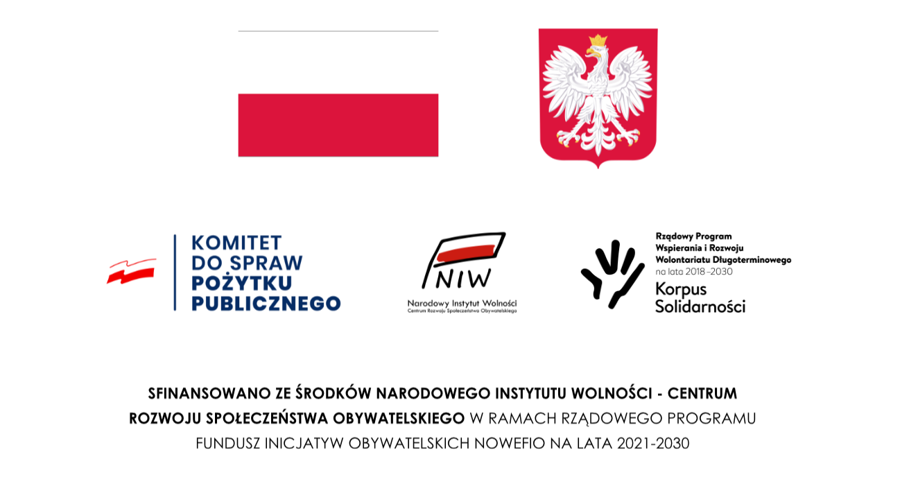 Logotypy dofinansowania: flaga i godło RP, Komitet do Spraw Pożytku Publicznego, NIW, Korpus Solidarności
