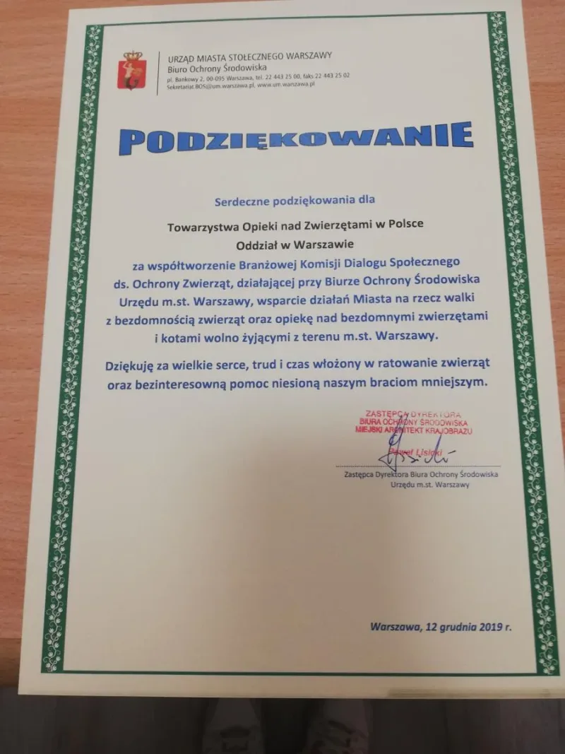 Podziękowania dla oddziału warszawskiego TOZ
