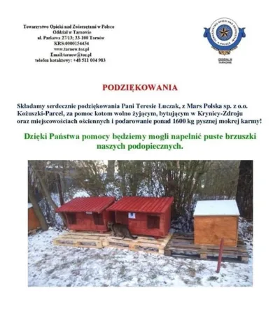 Podziękowania za darowiznę karmy od Mars Polska