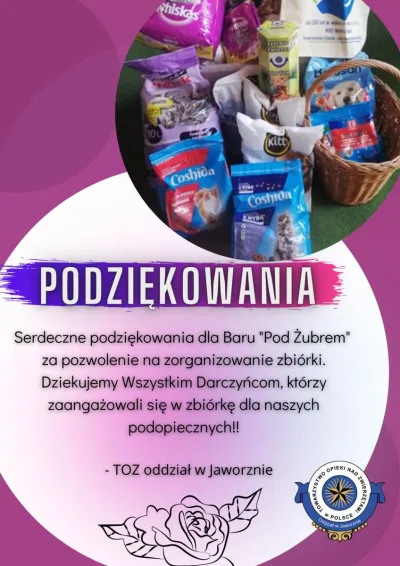 Podziękowania dla Baru Pod Żubrem za zbiórkę