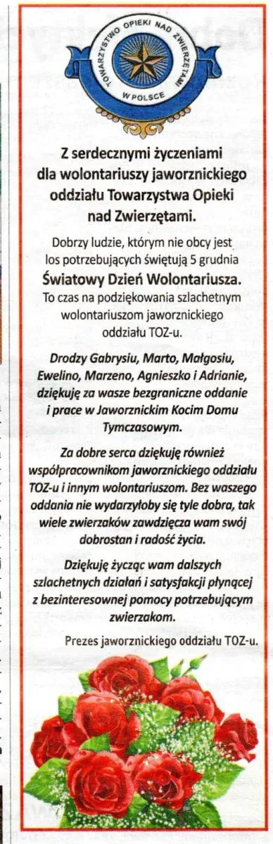 Podziękowania z okazji Światowego Dnia Wolontariusza